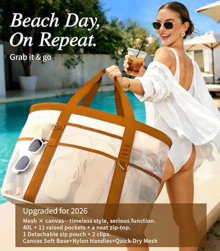 WULIVA 2026 Stylish & Spacious XX-Large Beach Bag for Women – Mesh × Canvas Tote with Top Zipper, 11 Tall Pockets | 40L+ S...