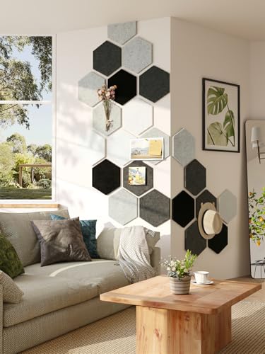 Uoisaiko 8 Pack Hexagon Felt Bulletin Board Tiles - 11.8" Large Thick Pin Board for Walls with 30 Push Pins, DIY Boards fo...
