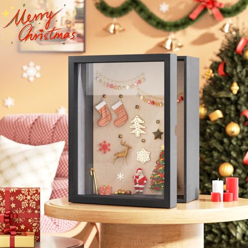SZQINJI 11x14 Shadow Box Frame Memory Box Flower Shadow Box Display Case with Linen Back Glass Magnetic Door for Memorabil...