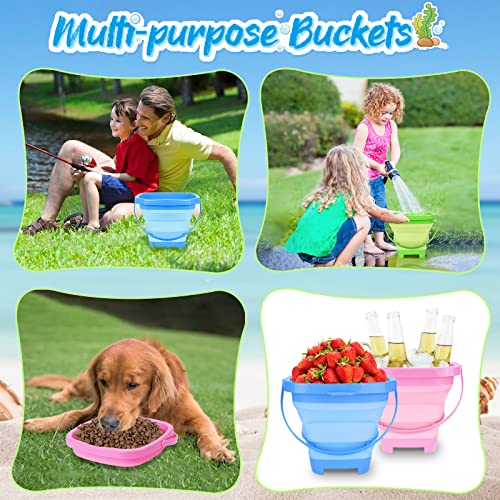 RACPNEL Collapsible Beach Toys for Kids, 3 Pack Foldable Sand Buckets and Shovels Set with Mesh Bag, Silicone Pails for Be...