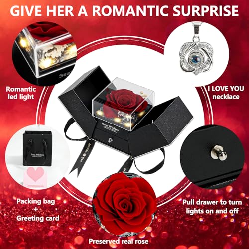 woxafo Preserved Real Red Rose with I Love You Heart Necklace 100 Languages - Eternal Flowers Rose Birthday Gifts for Wome...