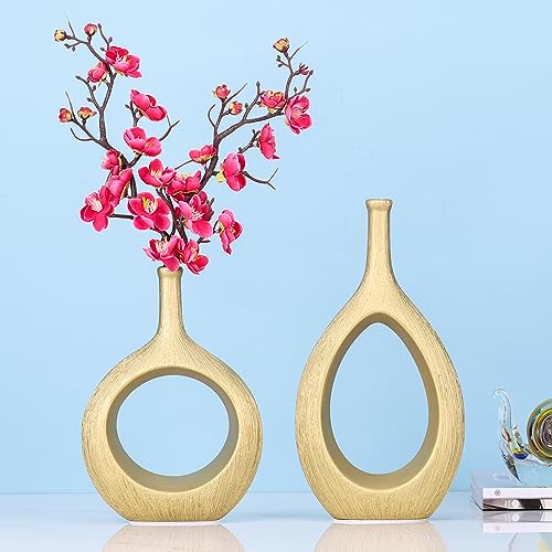 LCCCK Matte Gold Ceramic Vase Set of 2 - Ribbed Hollow Aesthetic Decorative Vase, Modern Farmhouse Table Centerpiece, Boho...