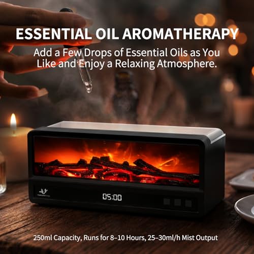 Fireplace Flame Humidifier, 250ml Cool Mist Diffuser with Remote Control, 7-Color LED Night Light, Quiet Aromatherapy Humi...