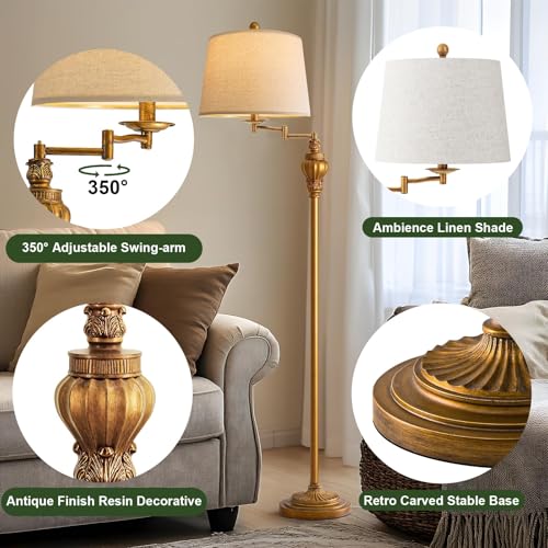 G-SAFAVA 61" Vintage Floor Lamp with 350° Adjustable Swing Arm, Gold Standing Lamp for Bedroom Living Room Nightstand Beds...