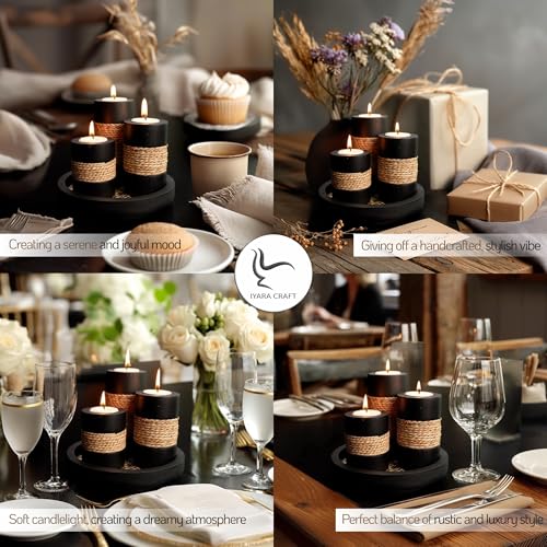 IYARA CRAFT Tealight Candle Holders with Tray – Set of 3 Rustic Black Wooden Candle Holders with Natural Rope Accent, Cozy...