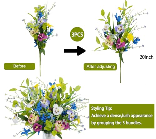 HO2NLE 3 Bundles Artificial Wildflowers Fake Silk Mixed Pansies 20" Vibrant Faux Flower Arrangements Floral Bouquets for I...