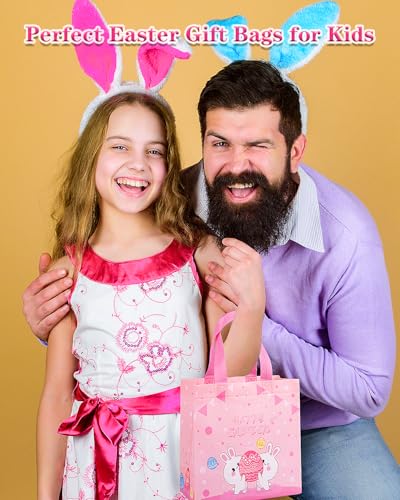 Jaywayang 4Pack Happy Easter Gift Bags, Easter Non-woven Bags with Handle for Kids, Reusable Goodie Bags, Rabbit Bunny Tre...