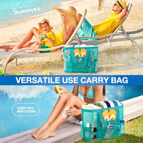 KPX Mesh Beach Bag, Large Beach Tote Bags for Women Foldable Mesh Swimming Pool Bag with Mini Pockets - Sandproof, Waterproof