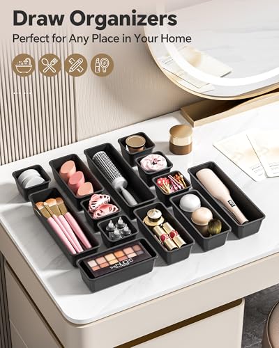 Canfanni 13 Pack Plastic Drawer Organizers Set, 3 Sizes Desk Drawer Organizer Trays for Vanity and Makeup Organizer, Organ...