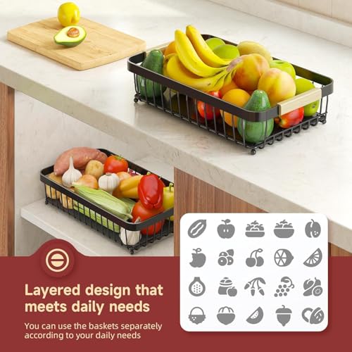 Sevenblue 2 Tier Large Fruit Basket for Kitchen Counter with 2 Mobile Banana Hangers, 2026 Pro Detachable Metal Fruit Bowl...