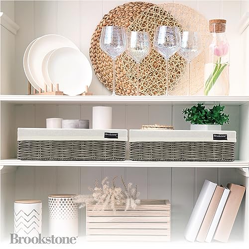 Brookstone Wicker Storage Basket Two Pack Set, Bathroom and Closet Organizers and Storage Bins with Fabric Liner, Grey