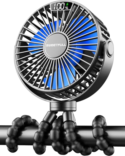 SWEETFULL Portable Stroller Fan with LED Display, 4 Speed Rechargeable Mini Clip On Fan, 360° Rotate Flexible Tripod Bette...