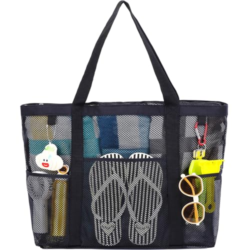 Fammart Mesh Beach Bag with Zipper, Large Beach Tote for Women, Toys Pool Swim Bag Travel Vacation Cruise Essentials