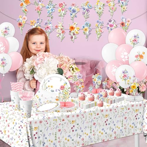 193Pcs Spring Wildflower Party Decorations Include Plates, Napkins, Cups, Balloons, Banner, Tablecloth, Cake Toppers, Hone...