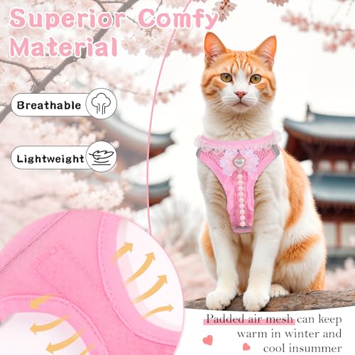 NCMAMA Cat Harness and Leash Set,Escape Proof Adjustable Kitten Harness with Cute Pink Bow,Breathable Reflective Strips Ha...