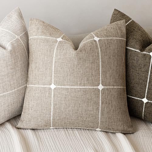 Foindtower Pack of 2 Decorative Faux Linen Jacquard Check Throw Pillow Covers Farmhouse Cushion Cover with Grid Textured A...