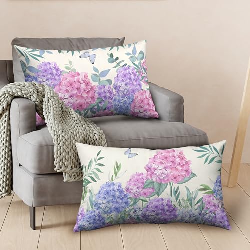 Kwlegh Pink Hydrangea Lumbar Pillow Covers Spring Flowers Outdoor Pillow Covers 12x20 Set of 2 Purple Pink Hydrangea Eucal...
