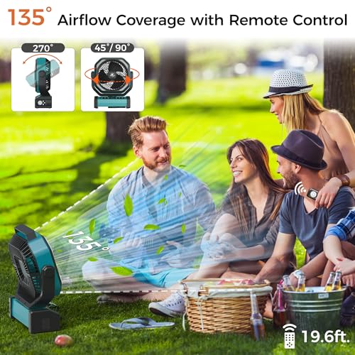 Camping Fan with Light - 20000mAh Rechargeable Battery Fan, 112Hrs Max Run Time, 8 Speeds, Digital Display, Timer, Auto Os...
