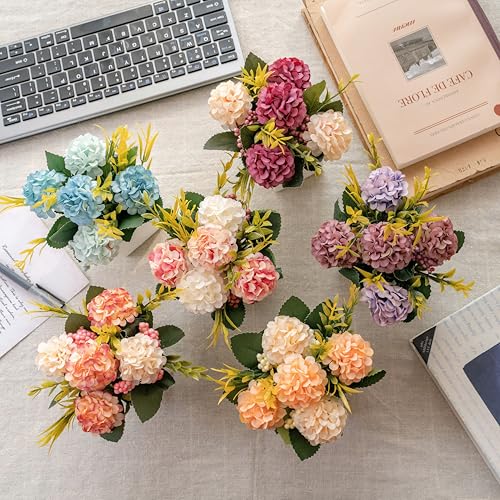 6Pcs Artificial Flowers with Ceramic Pot Small Fake Hydrangea Flowers Arrangements Faux Spring Flowers in Vase Home Spring...