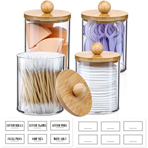 4 Pack Qtip Holder Dispenser with Bamboo Lids - 10 oz Clear Plastic Apothecary Jar Containers for Vanity Makeup Organizer ...