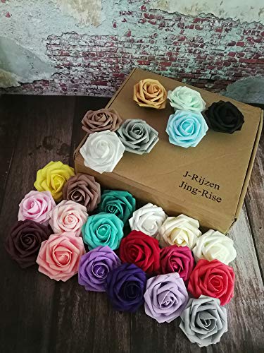 J-Rijzen Artificial Flowers 50PCS Real Looking White Fake Roses with Stem for DIY Wedding Bouquets Centerpieces Party Baby...