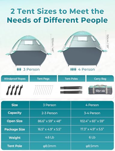 Glymnis Beach Tent Sun Shelter for 4 Person with UPF 50+ UV Protection, Lightweight & Easy Setup Beach Shade Canopy with V...