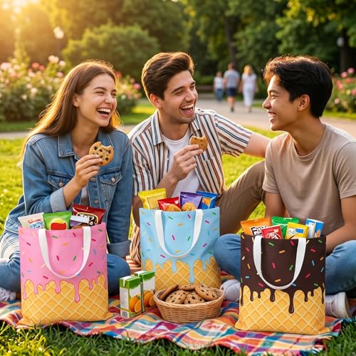 JATEBI 3 Pcs Ice Cream Canvas Tote Bag, Reusable Grocery Shopping Bag, Cute Shoulder Bag Gift for Ice Cream Lover Work Bea...