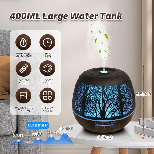 Roonbo Diffusers for Essential Oils Large Room 400ml,Essential Oil Diffuser for Home with R/C,Cool Mist Humidifiers for Be...
