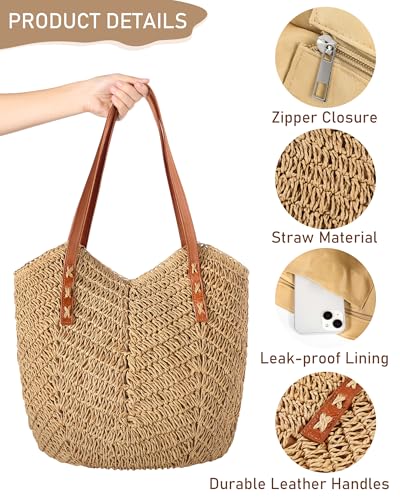 Loiyadn Beach Bags for Women - Straw Bag with Zipper, Soft Woven beach bag, Casual Straw Shoulder Bag for Daily Use