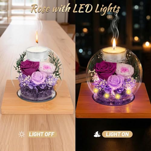 ENERLEAF Preserved Purple Real Rose in Glass with Scented Candles – Forever Flower Romantic Anniversary Christmas Birthday...