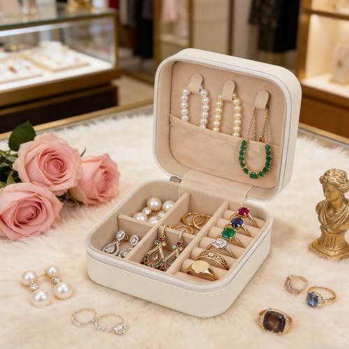 2 Pcs First Communion Travel Jewelry Box, Small Zippered Jewelry Case with Soft Lining, White Square Keepsake Box for Ring...