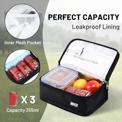 MIER Small Lunch Bag for Kids & Adults Compact Insulated Lunch Box Portable Thermal Mini Cooler for Work School Travel, Black