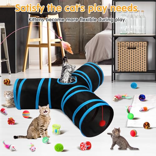 Poen 22pcs Cat Kitten Toys Set with 2 Collapsible Cat Tunnel and 20 Interactive Kitty Feather Toy, Fluffy Mouse, Crinkle B...