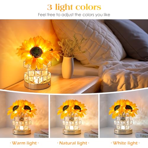 AMWGIMI Sunflowers Flower Lamp,Rechargeable Cordless Touch Table Lamp,3-Colour Infinitely Dimming Small Night Light,Festiv...