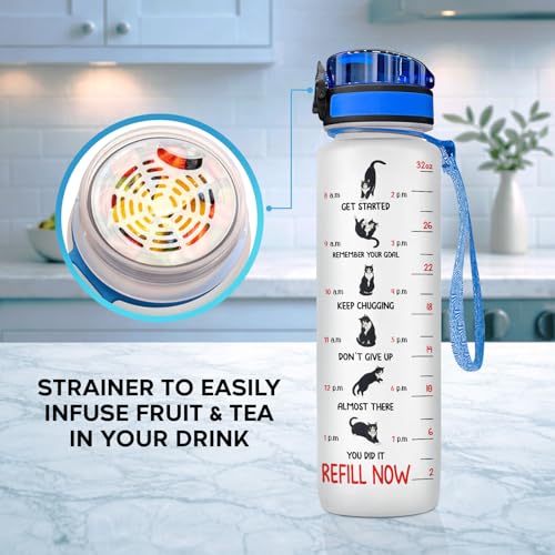GEPOSTORE Funny Cat Hydration Water Bottle 32oz with Time Marker, Cute Cat Mom Gift for Women, Reusable Daily Motivation D...