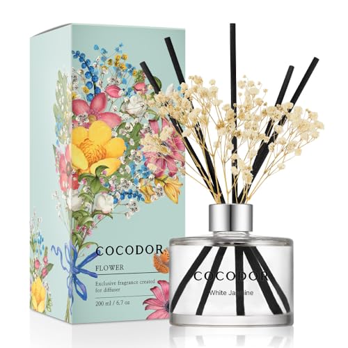 COCODOR Flower Reed Diffuser Set / 6.7oz / White Jasmine/Scent Diffuser with Sticks Home Fragrance Reed Diffuser for Bathr...