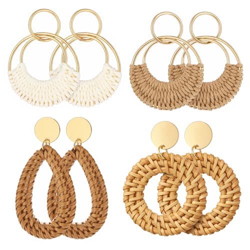 4 Pairs Raffia Rattan Bohemian Earrings for Women, Tropical Bohemian Straw Dangle Earrings Boho Summer Beach Earrings Summ...
