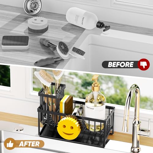 Taugast Sponge Holder for Kitchen Sink,Smiley Face Sink Caddy with Removable Brush Holder,Self-Draining Sponge Caddy for S...