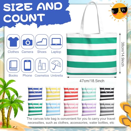 Aliceset 10 Pcs Large Beach Canvas Tote Bags Bulk for Women 18.5 x 15 Inch Waterproof Stripe Sandproof Tote Bags with Hand...