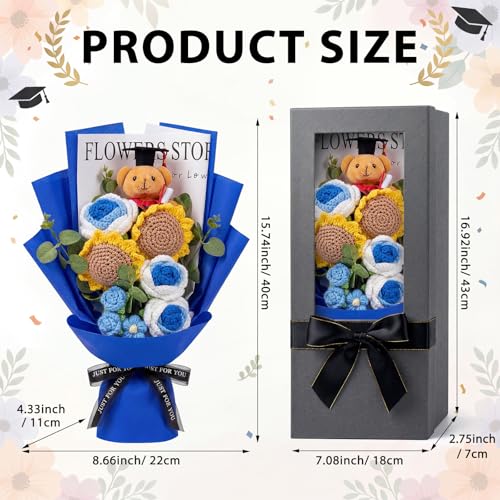 Norme Blue Graduation Crochet Flower Bouquet Gift Box, 2026 Grad Cap Bear Hand Knitted Rose Sunflower Bouquet Greeting Car...