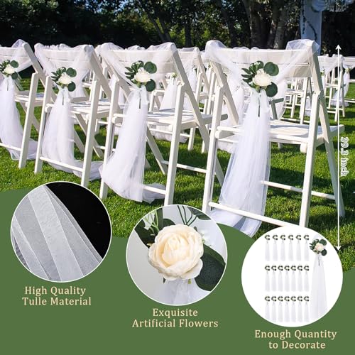 DIYDOFUN 20 Sets Wedding Aisle Decorations, 39.4 Inches Artificial Silk Rose Flowers with Long Tulle Tails for Church Pew ...