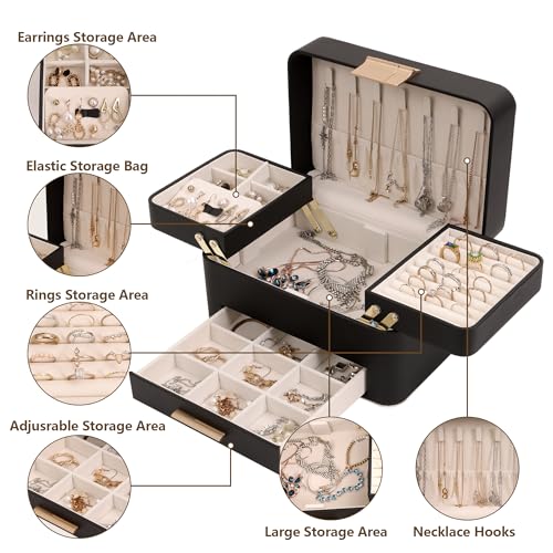 KAMIER Jewelry Box, 3 Layers Jewelry Organizer with Drawers, PU Leather Jewelry Storage Organizer for Earring, Ring, Neckl...