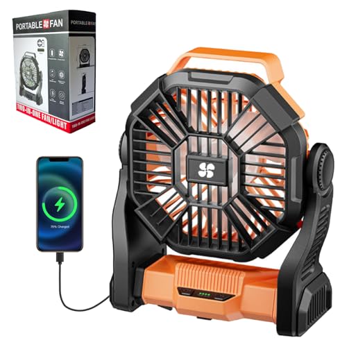 Portable Camping Fan Rechargeable ，Battery Operated Fans with Light 4 Speeds & Hook, USB Rechargeable Outdoor Camping for ...