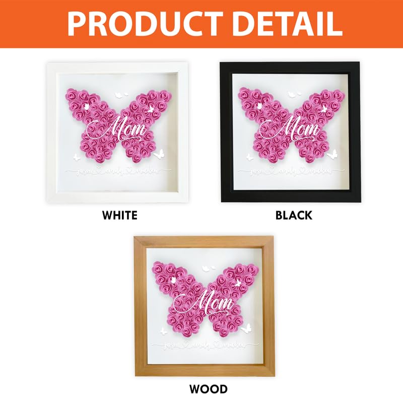 Personalized Mother’s Day Shadow Box Frame, Custom Mom Pink Rose Heart Art with Children Names, Unique Birthday Gift for G...