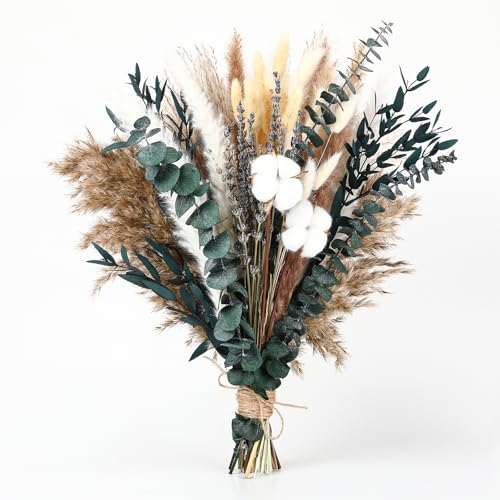 Natural Dried Flower Bouquet – Pampas Grass, Cotton Stems, Bunny Tails Grass, Eucalyptus and Lavender for Western Boho Dec...