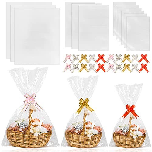 Labeol 50pcs Cellophane Bags 3 Sizes Cellophane Wrap for Gift Baskets 24x30 16x24 12x18 Large Clear Plastic Packaging Bags...