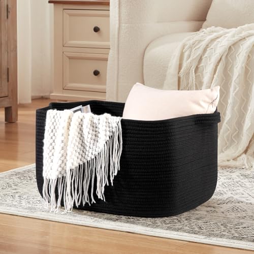OIASKET Large Blanket Basket, Black Blanket Storage Living Room, Rectangle Woven Baskets for Storage Toys, Towels, Dirty C...