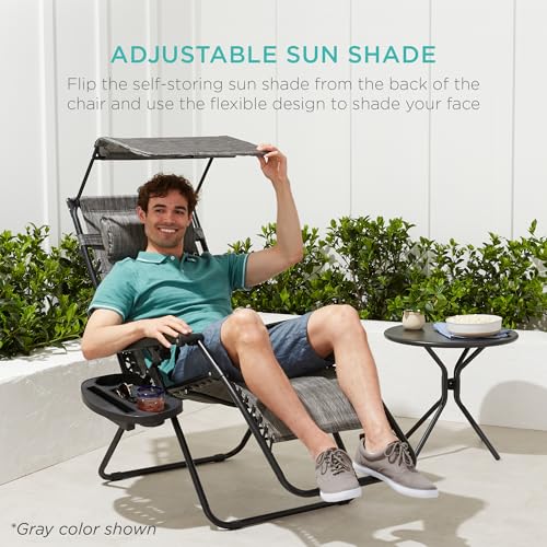 Best Choice Products Folding Zero Gravity Outdoor Recliner Patio Lounge Chair w/Adjustable Canopy Shade, Headrest, Side Ac...