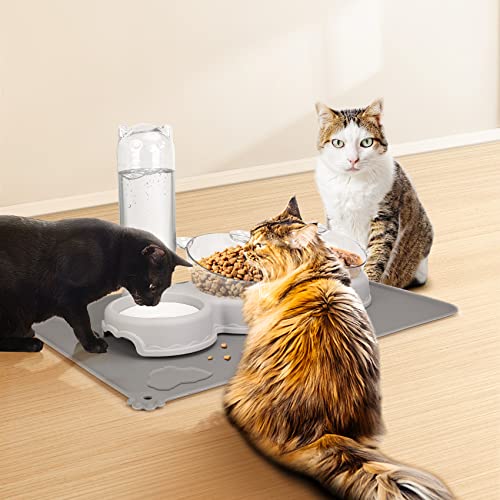 Triple Cat Bowls for Food and Water, YECERCAN Plastic Raised Cat Bowls with Automatic Water Bottle & Waterproof Mat for Ca...