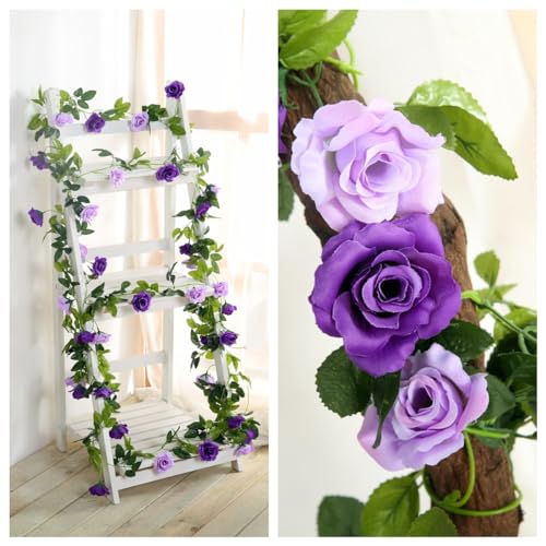 JUSTOYOU 2 Pack (15.8FT) Fake Rose Garland, Artificial Roses Vines Flower Garland Hanging Floral Vine Wedding Home Backdro...